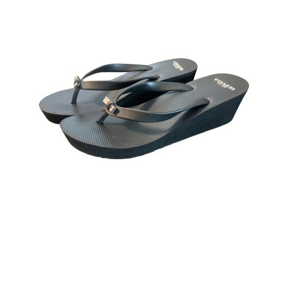 Coach Loralyn Black Wedge Sandals Flip Flops Shoes Silver Tone Bow Rubber Size 8 - Picture 1 of 8